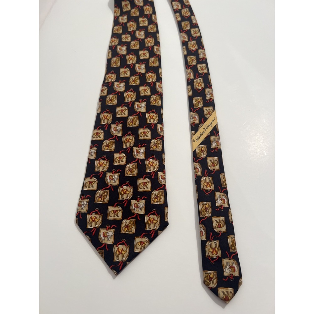 Salvatore Ferragamo Lion Monkey Camel Pattern Men's Tie